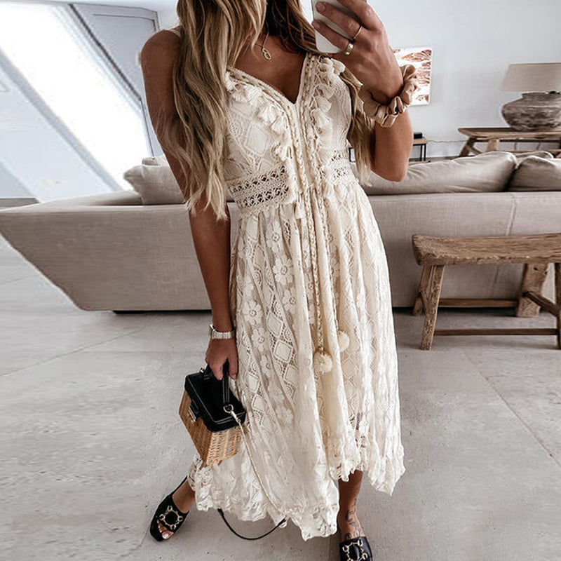 Lace Spaghetti Strap Solid Color Long Dress