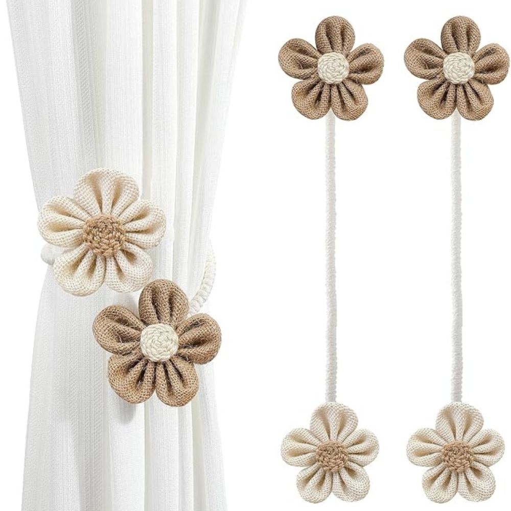 Gardinholder i hamp med blomster | Sett med 2