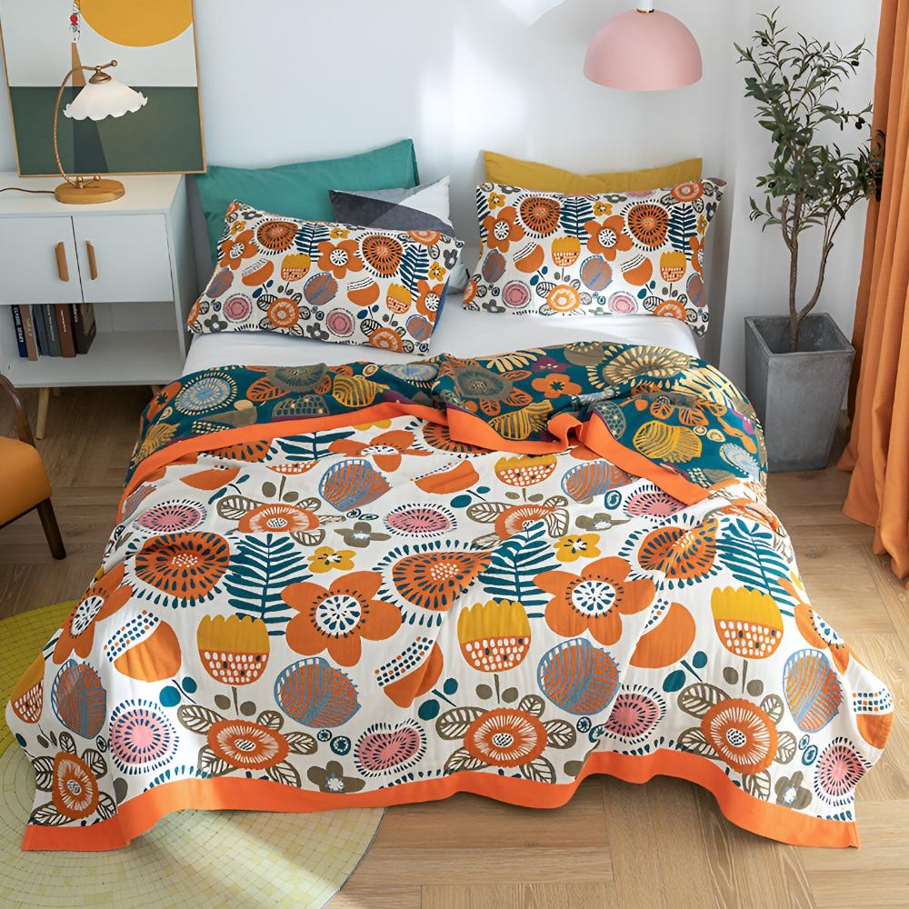 Bomullspledd med boho-blomster i tegneseriestil