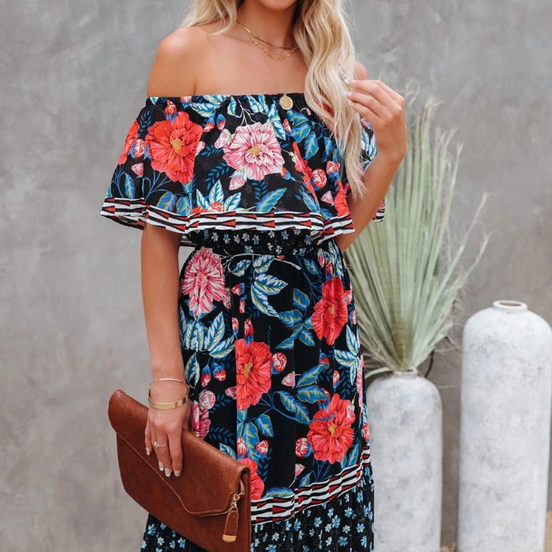Off Shoulder - trykt maxi - kjole - NordHjem