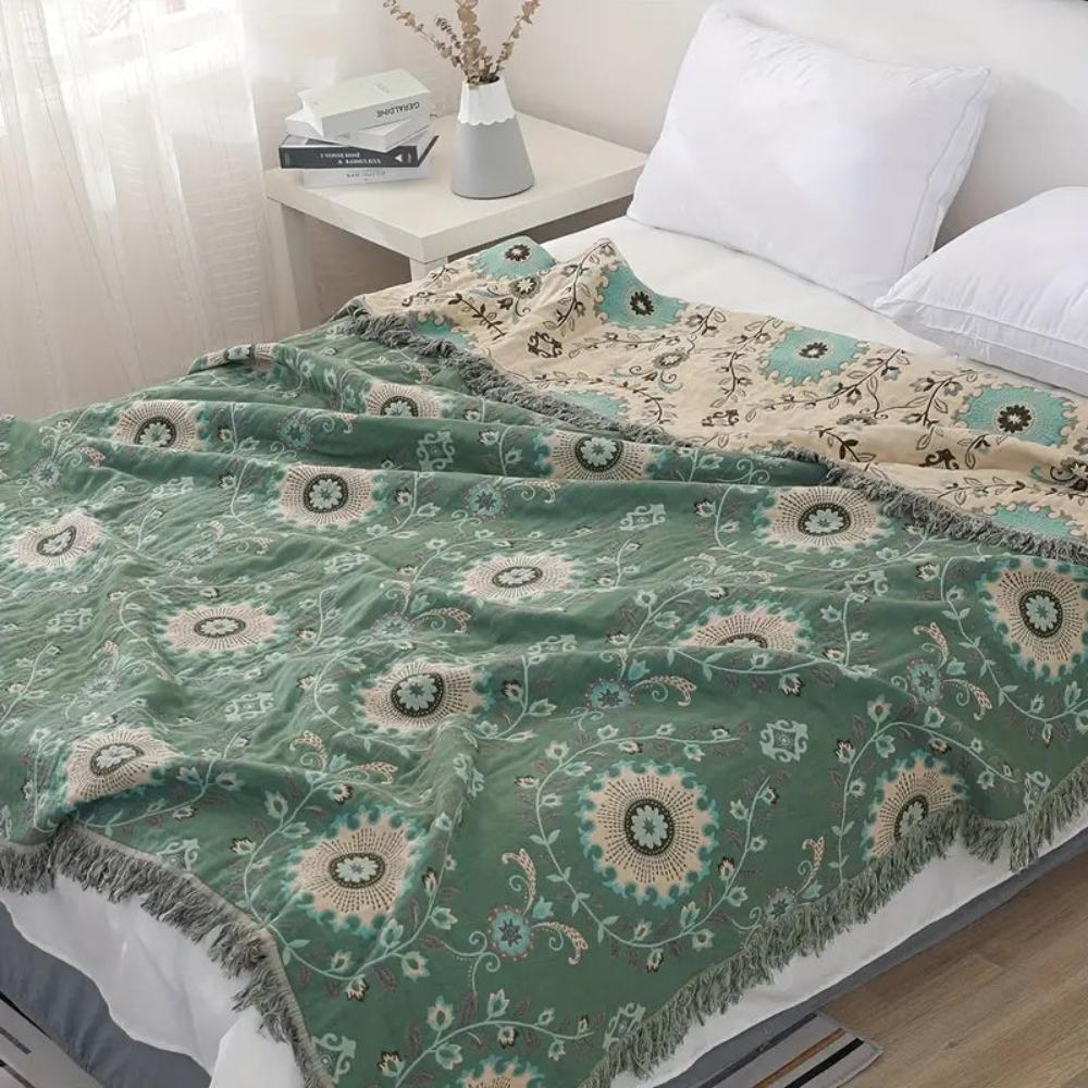 Retro mandala vendbart bomullspledd – Grønn