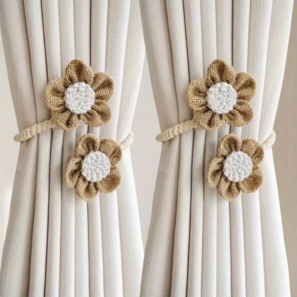 Gardinholder i hamp med blomster | Sett med 2