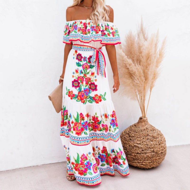 Off Shoulder - trykt maxi - kjole - NordHjem