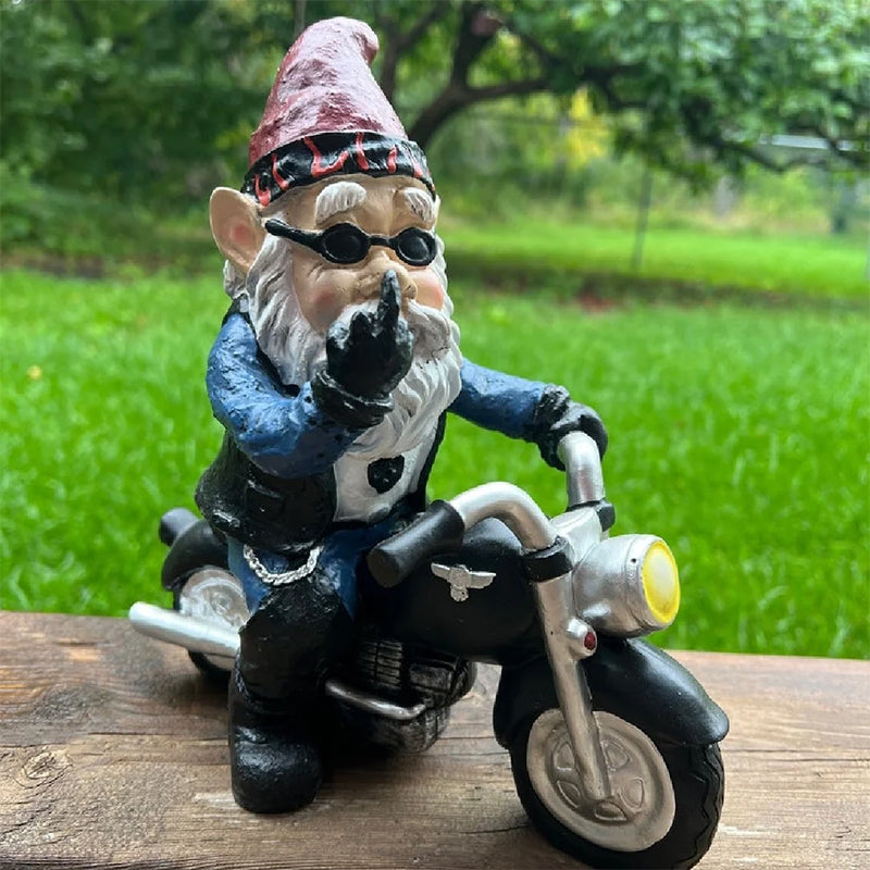 Biker Garden Gnome Statue med langfinger