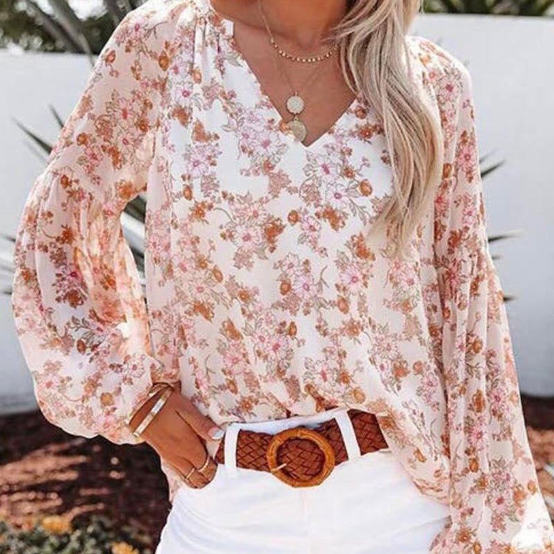 Boho Blomstertrykk V - hals Langermet Løse Bluse - NordHjem