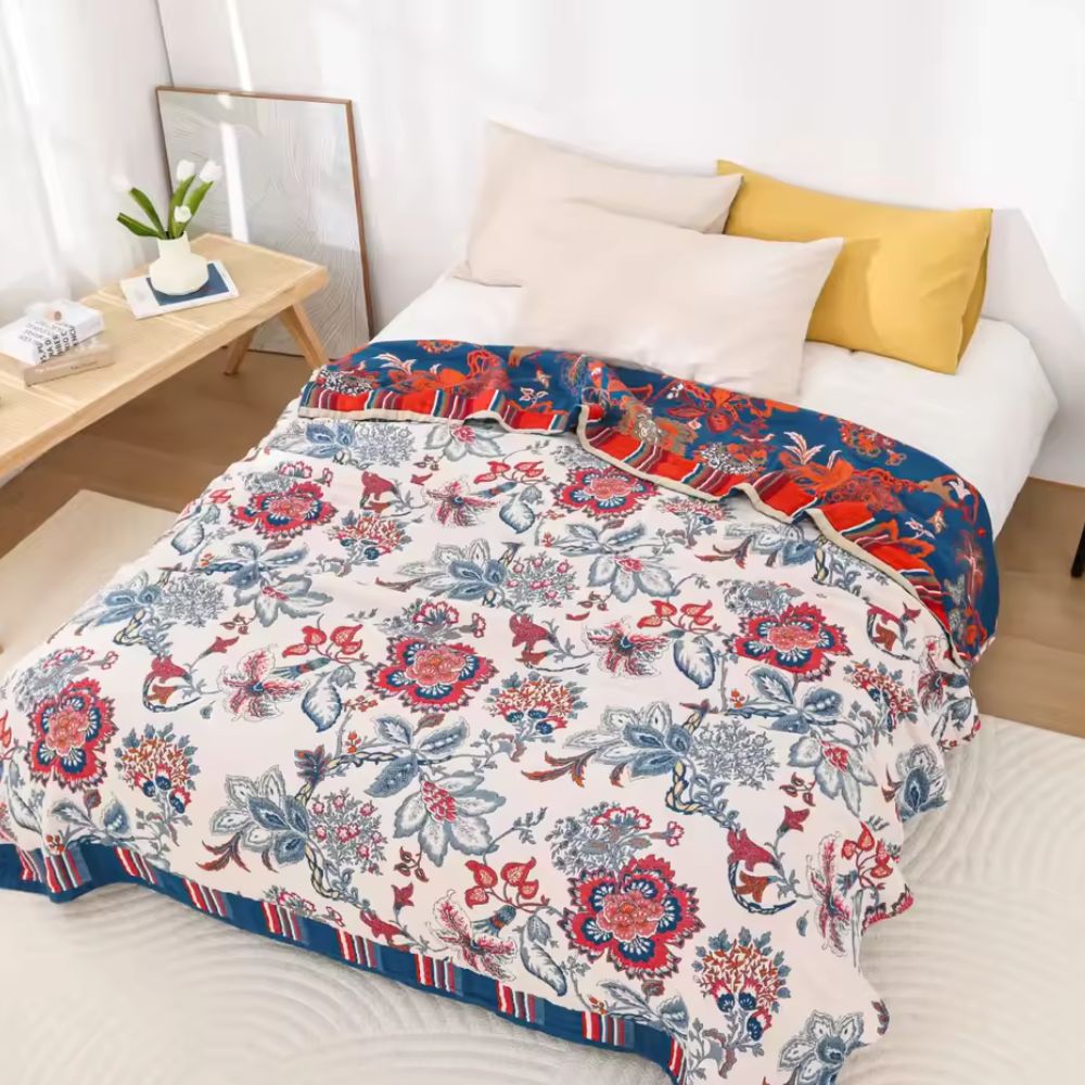 Retro botanisk bomullspledd – Crimson Bloom