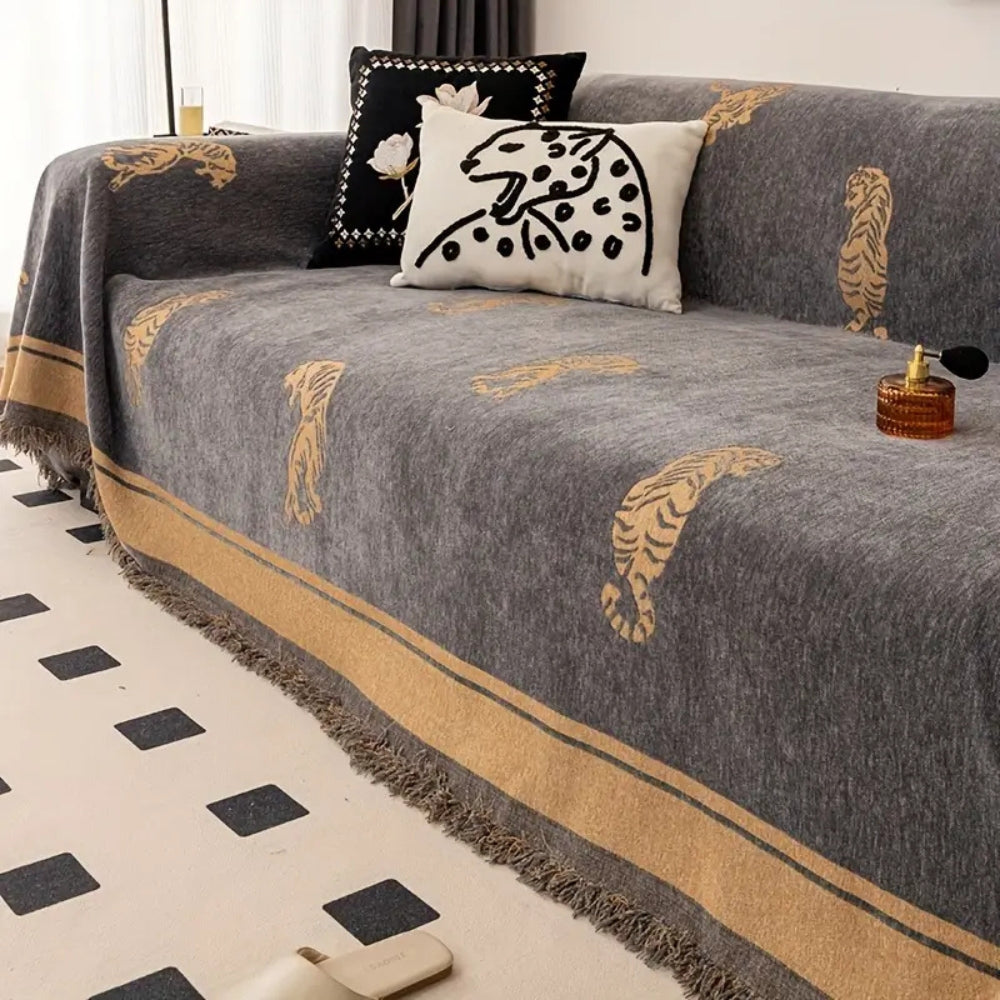 Safari chenille-sofatrekk med tigermotiv
