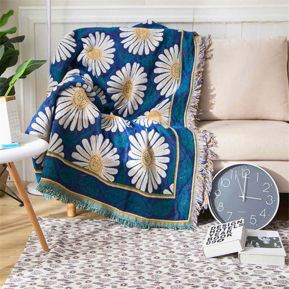 Bohemsk Shiragiku strikkepledd i bomull med dusker – 35"x35"