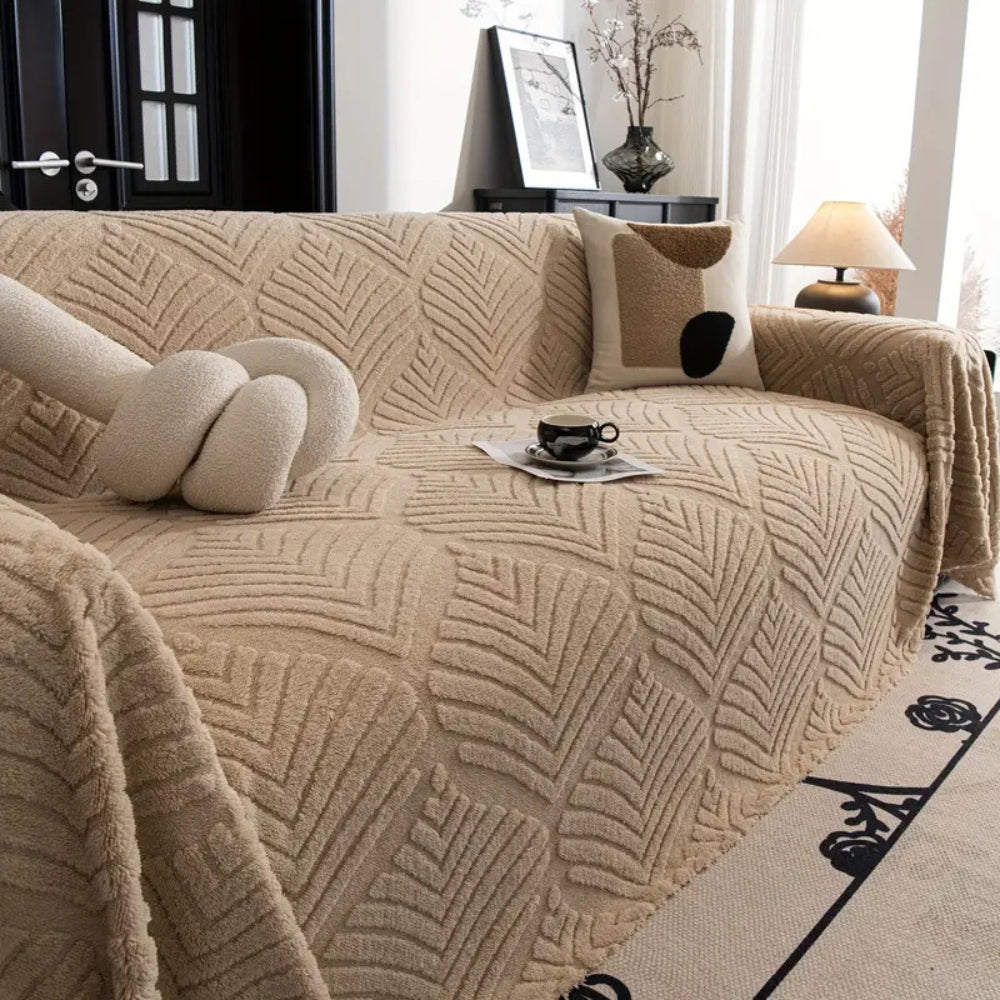 Fleece-sofatrekk med fiskebensmønster og blader – Khaki