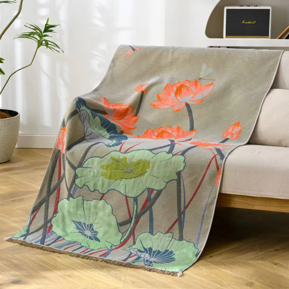 Rustikt bomullshåndkle med lotusmotiv – 32"x63"