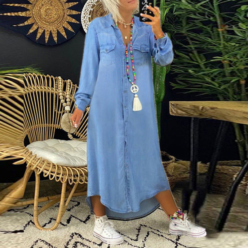 Ensfarget langermet denimkjole for kvinner
