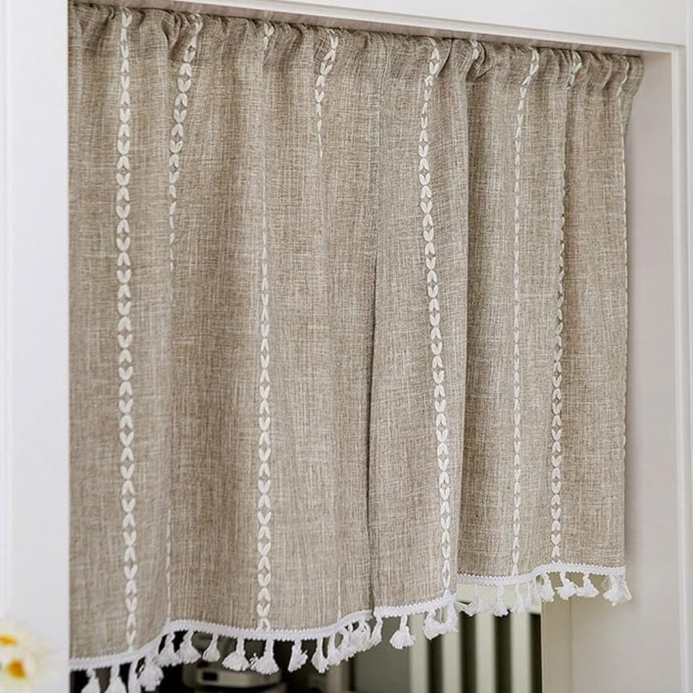 Kjøkkengardiner i boho-stil, bomull og lin