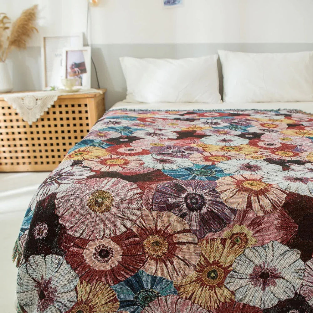 Vevd vintage bomullspledd med blomster og dusker