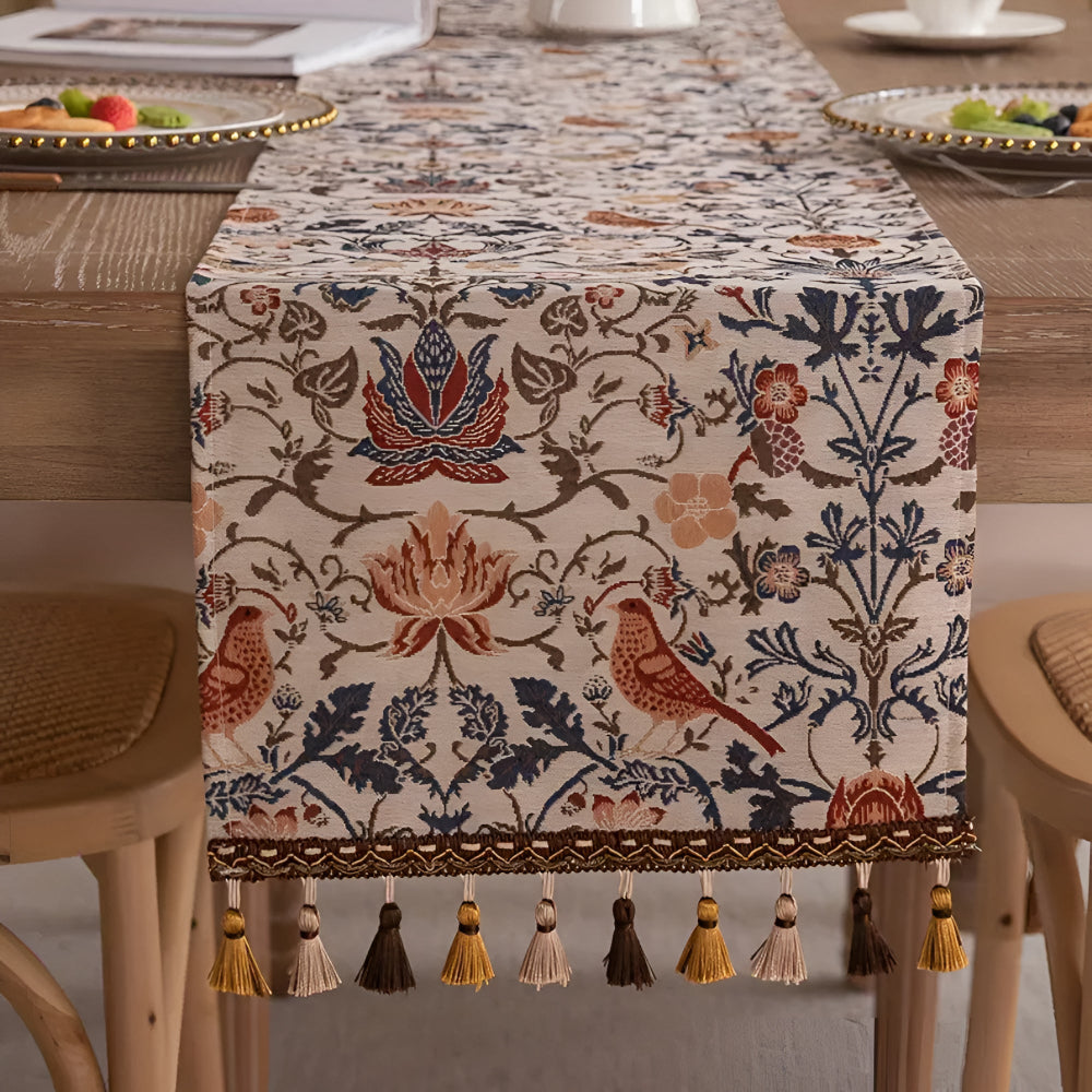 Vintage bordløper i jacquard med blomster og fugler – 13"x55"