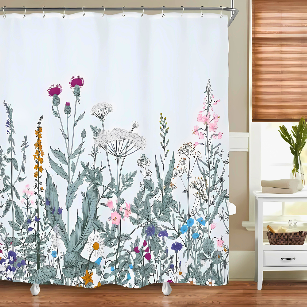 Vanntett dusjforheng med planter i pastoral stil – Beige & Grønn