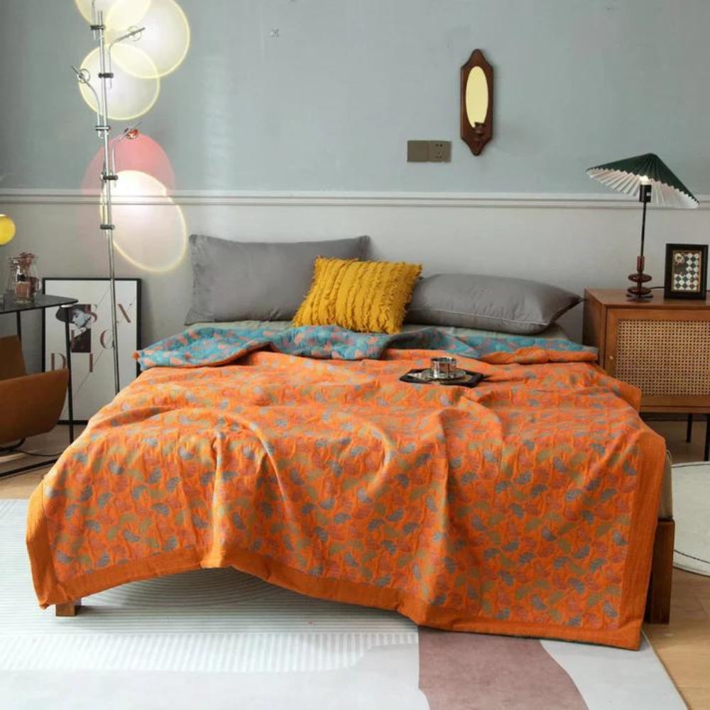 Vendbart pledd med ginkgobladtrykk – Blanket
