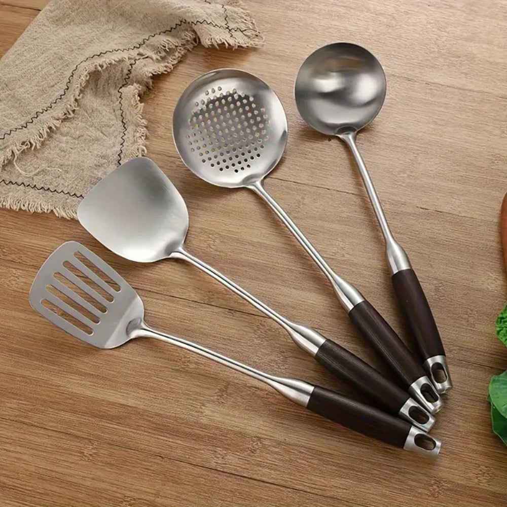 Blankt bestikk i rustfritt stål med tredekor | Sett med 6