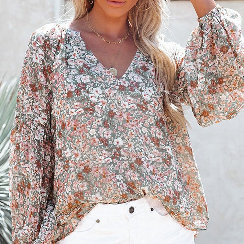 Boho Blomstertrykk V - hals Langermet Løse Bluse - NordHjem