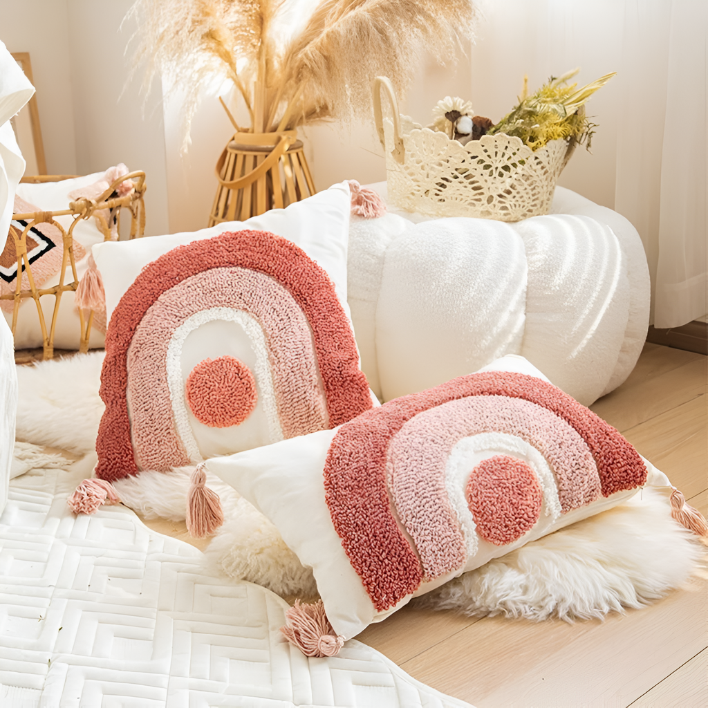 Tuftet brodert boho-putetrekk – Rainbow Euro