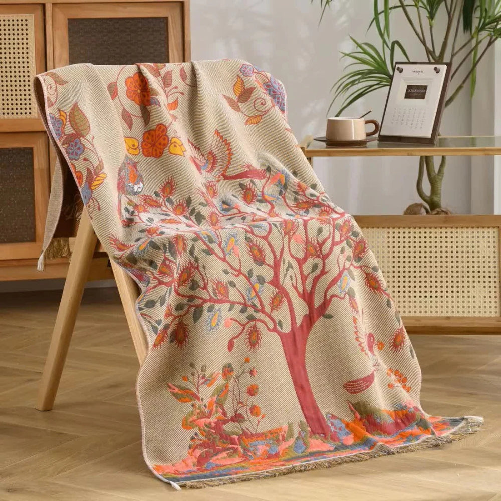Bomullshåndkle med dusker og livlig tremotiv – 35"x67"