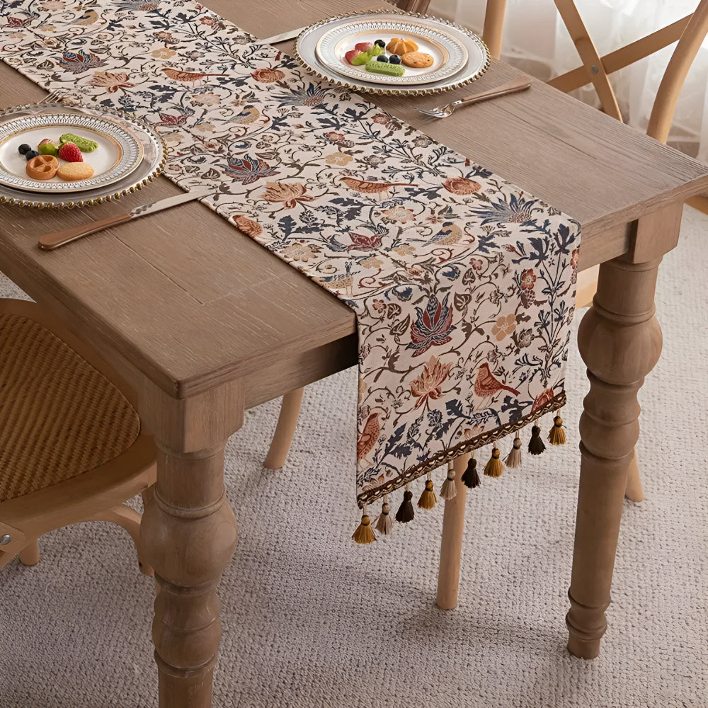 Vintage bordløper i jacquard med blomster og fugler