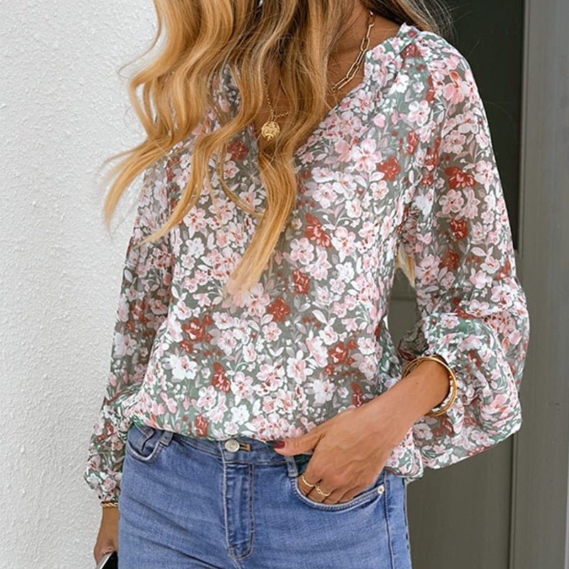 Boho Blomstertrykk V - hals Langermet Løse Bluse - NordHjem