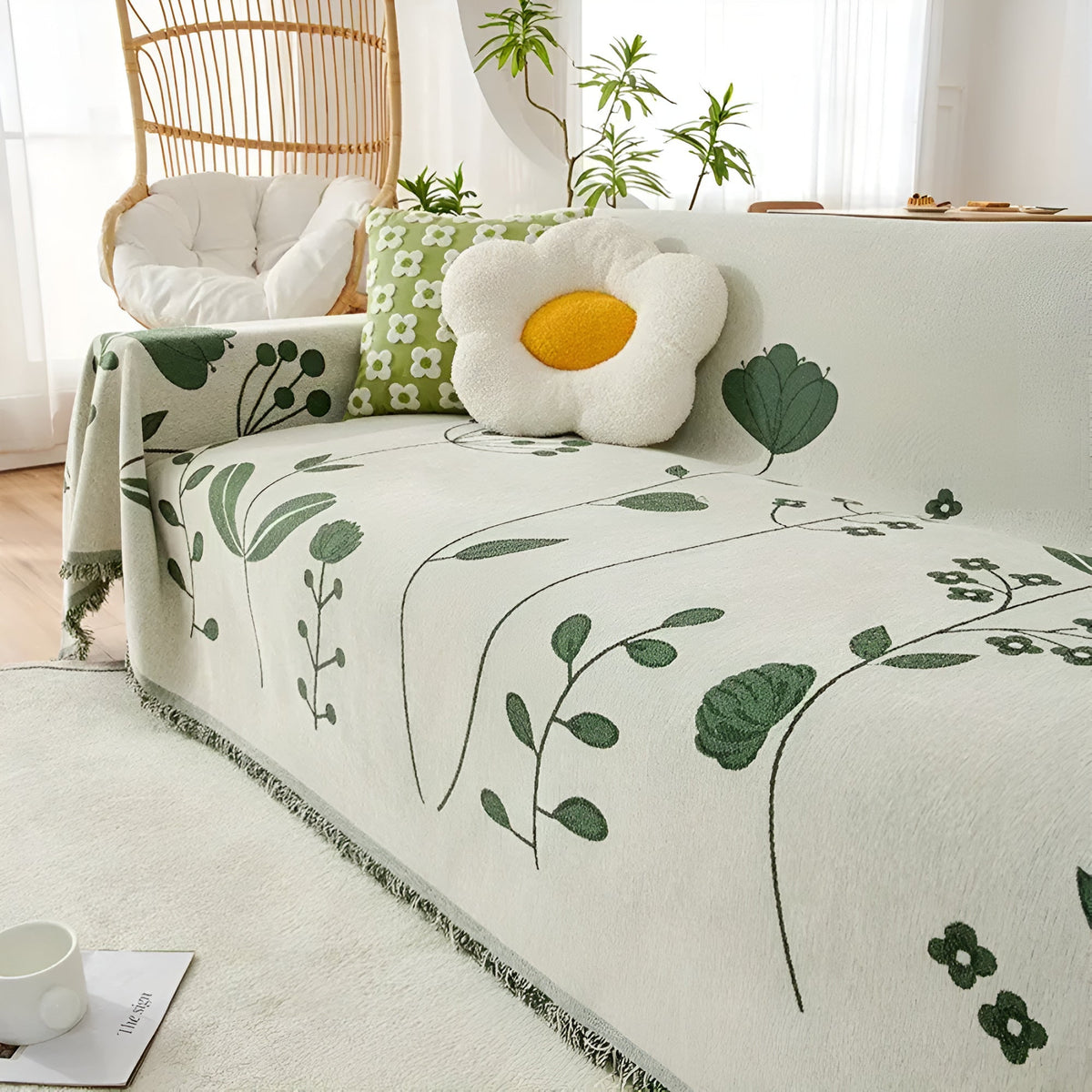 Moderne vendbart sofatrekk med blomster – Natur Beige