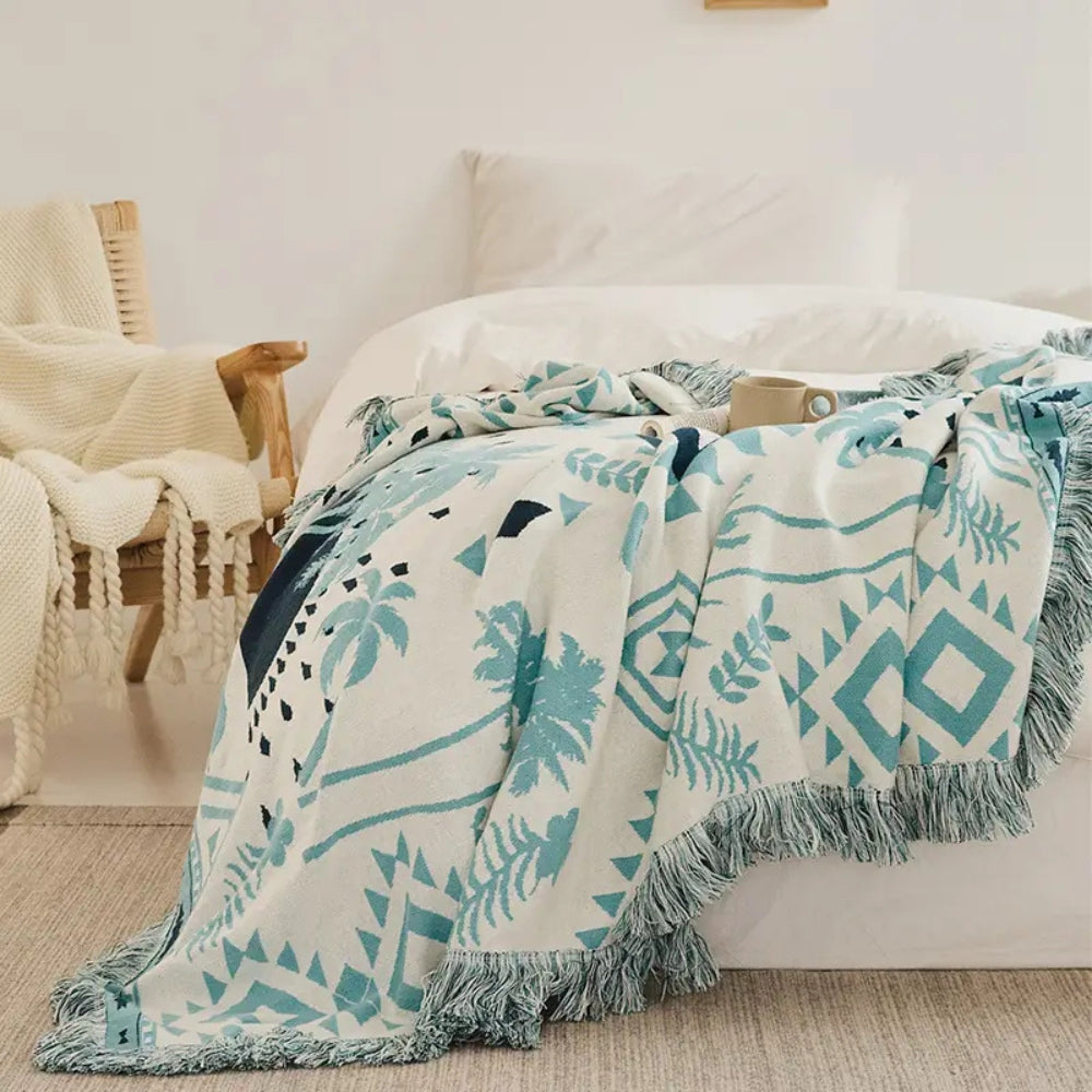 Azura boho-strikkepledd i bomull med geometrisk mønster – Ocean Breeze