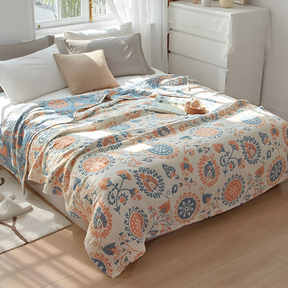 Rustikt vendbart bomullspledd med blomster – Beige