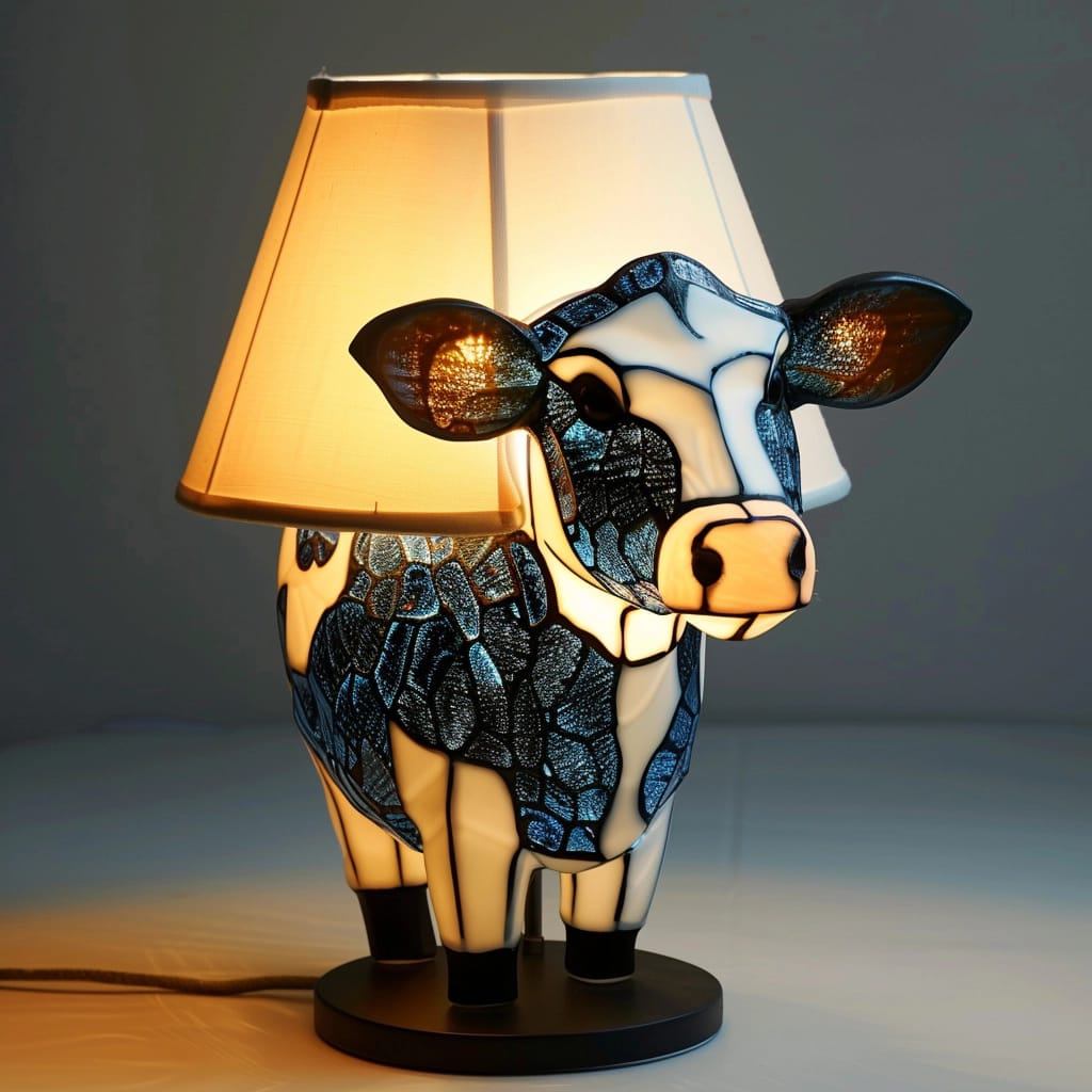 Håndlaget Highland - ku Bordlampe i Farget Glass – Unik Kunstnerisk Hjemmedekorasjon og Gave - NordHjem