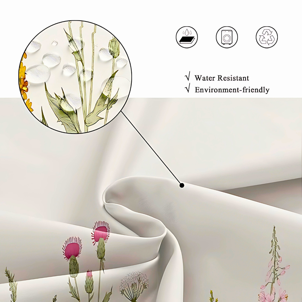 Vanntett dusjforheng med planter i pastoral stil