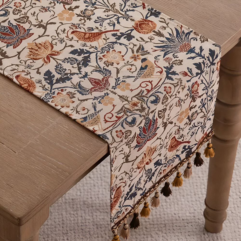 Vintage bordløper i jacquard med blomster og fugler