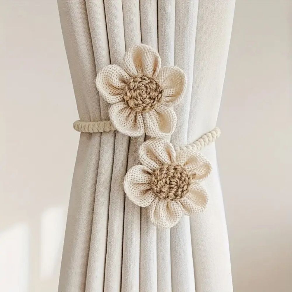 Gardinholder i hamp med blomster | Sett med 2