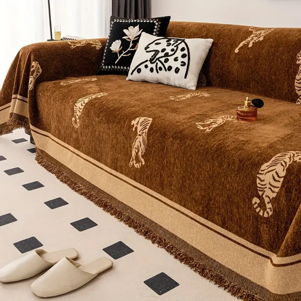 Safari chenille-sofatrekk med tigermotiv