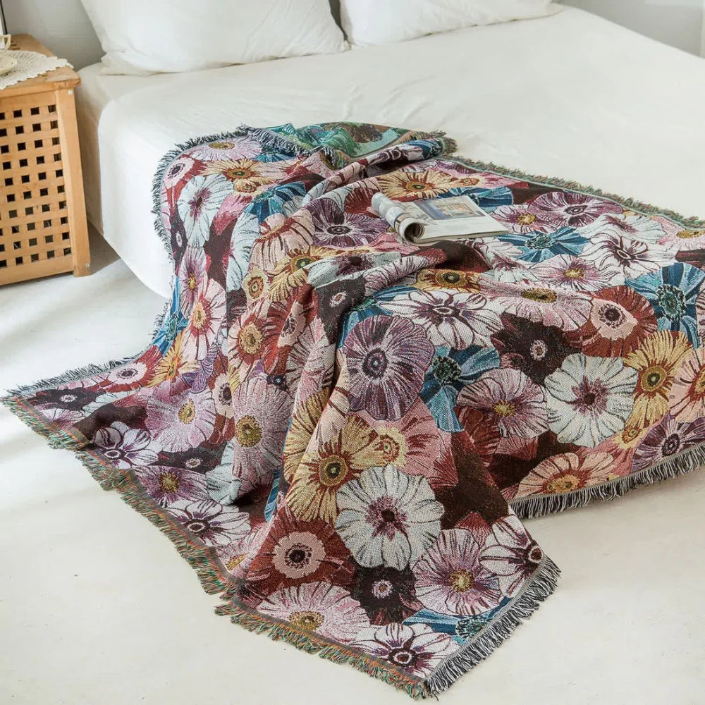 Vevd vintage bomullspledd med blomster og dusker