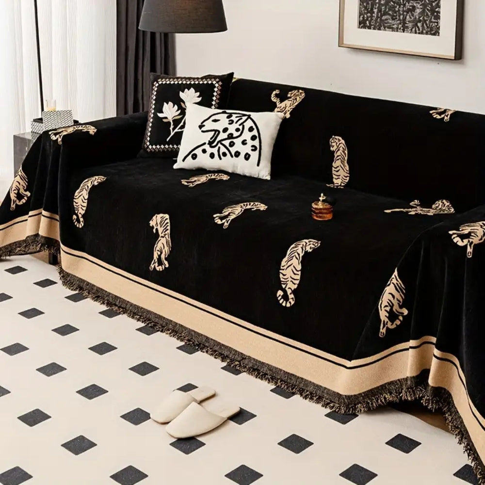Safari chenille-sofatrekk med tigermotiv