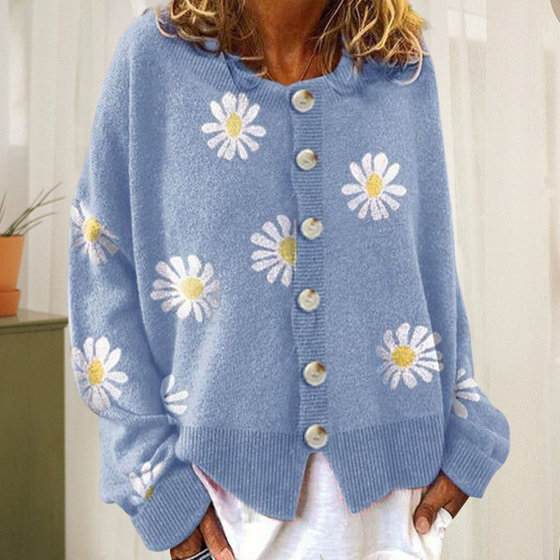 Strikket cardigan med tusenfryd-design og løs passform