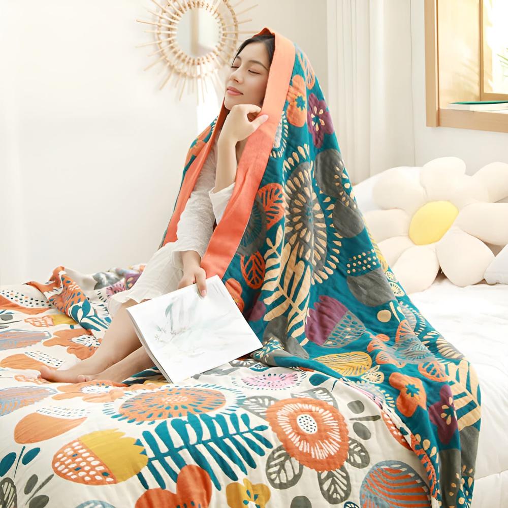 Bomullspledd med boho-blomster i tegneseriestil