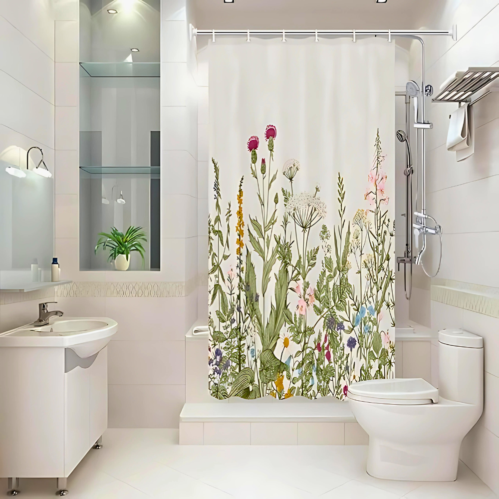 Vanntett dusjforheng med planter i pastoral stil