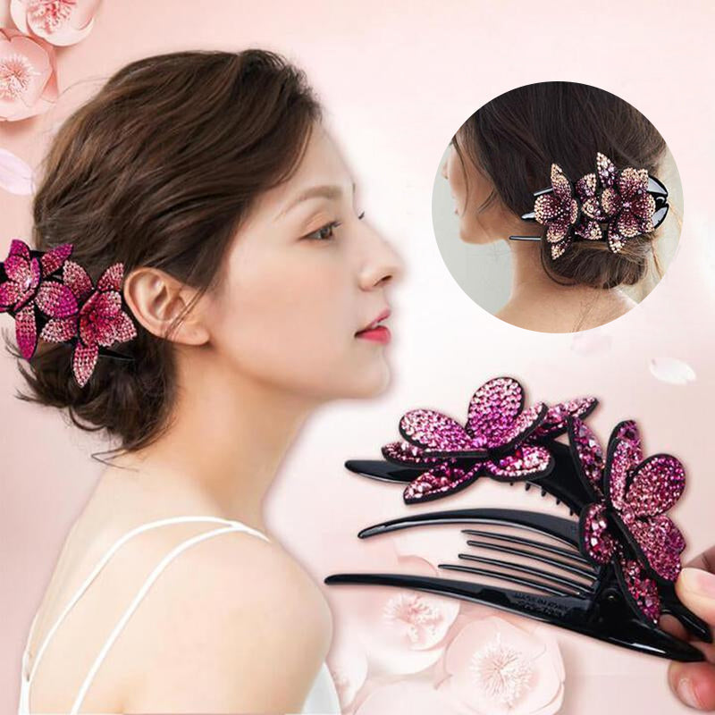 Rhinestone Double Flower Hårklemme