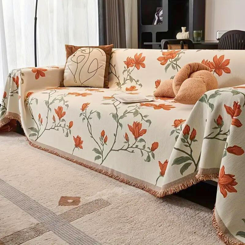 Vintage sofatrekk i blomstret chenille – Beige Oransje