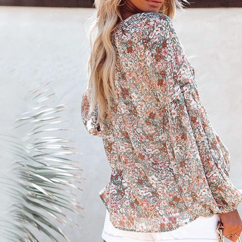 Boho Blomstertrykk V - hals Langermet Løse Bluse - NordHjem