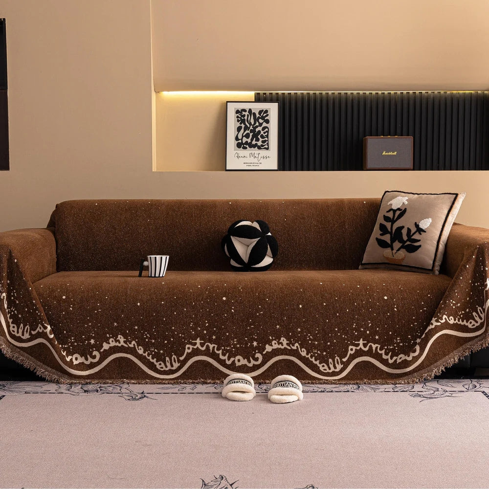 Glitrende chenille-sofatrekk med skriftmønster – Chocolate Glimmer