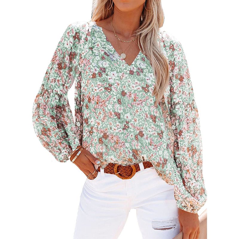 Boho Blomstertrykk V - hals Langermet Løse Bluse - NordHjem