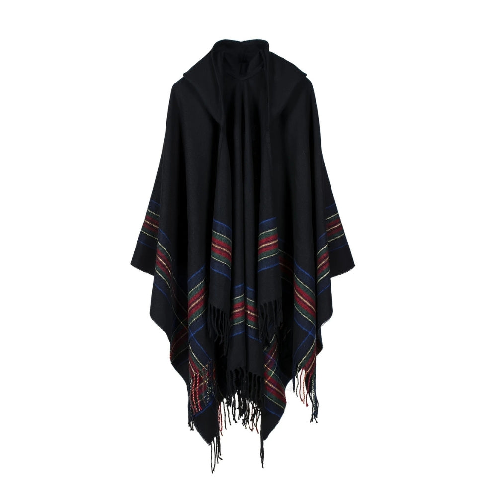 Stripete ponsjo og sjal i akryl med hette – Midnight Stripe