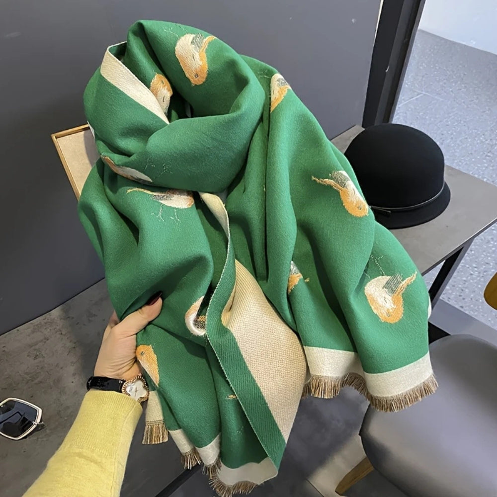 Aviary pustende sjal i fuglejacquard – Emerald Finch