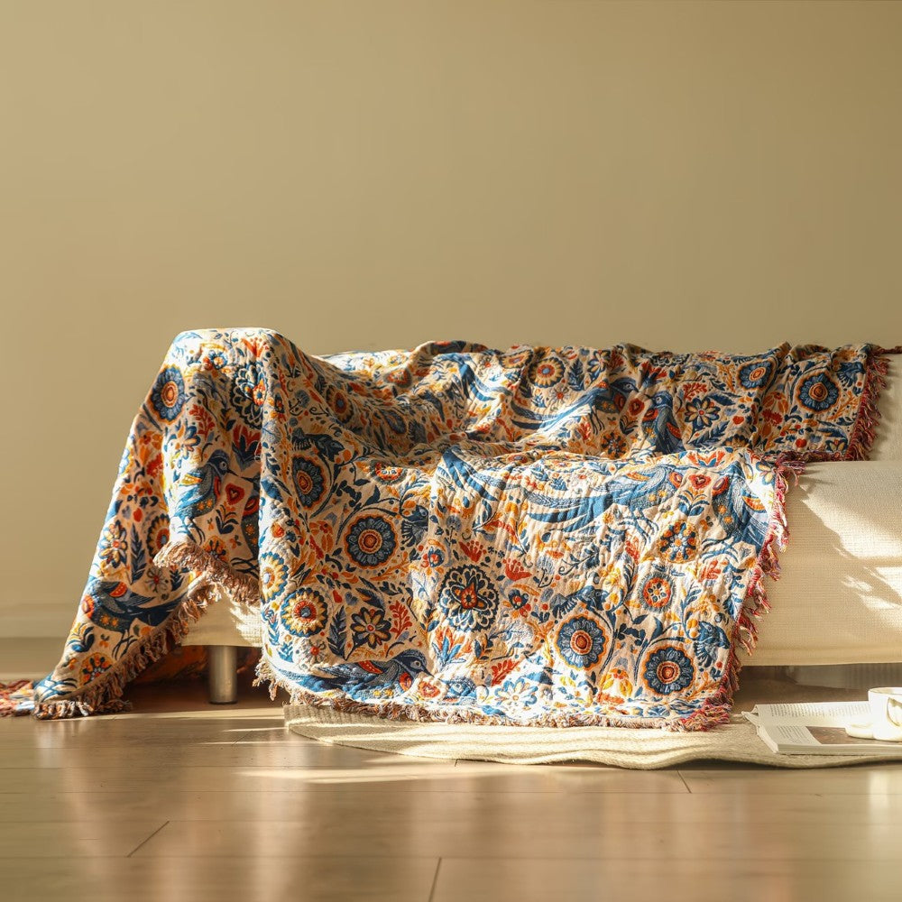 Bomullspledd med fugler og blomstermotiv – 59"x79"