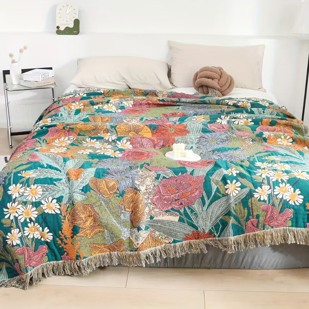 Bohemsk bomullspledd med blomsterpatchwork og dusker – 59"x79"