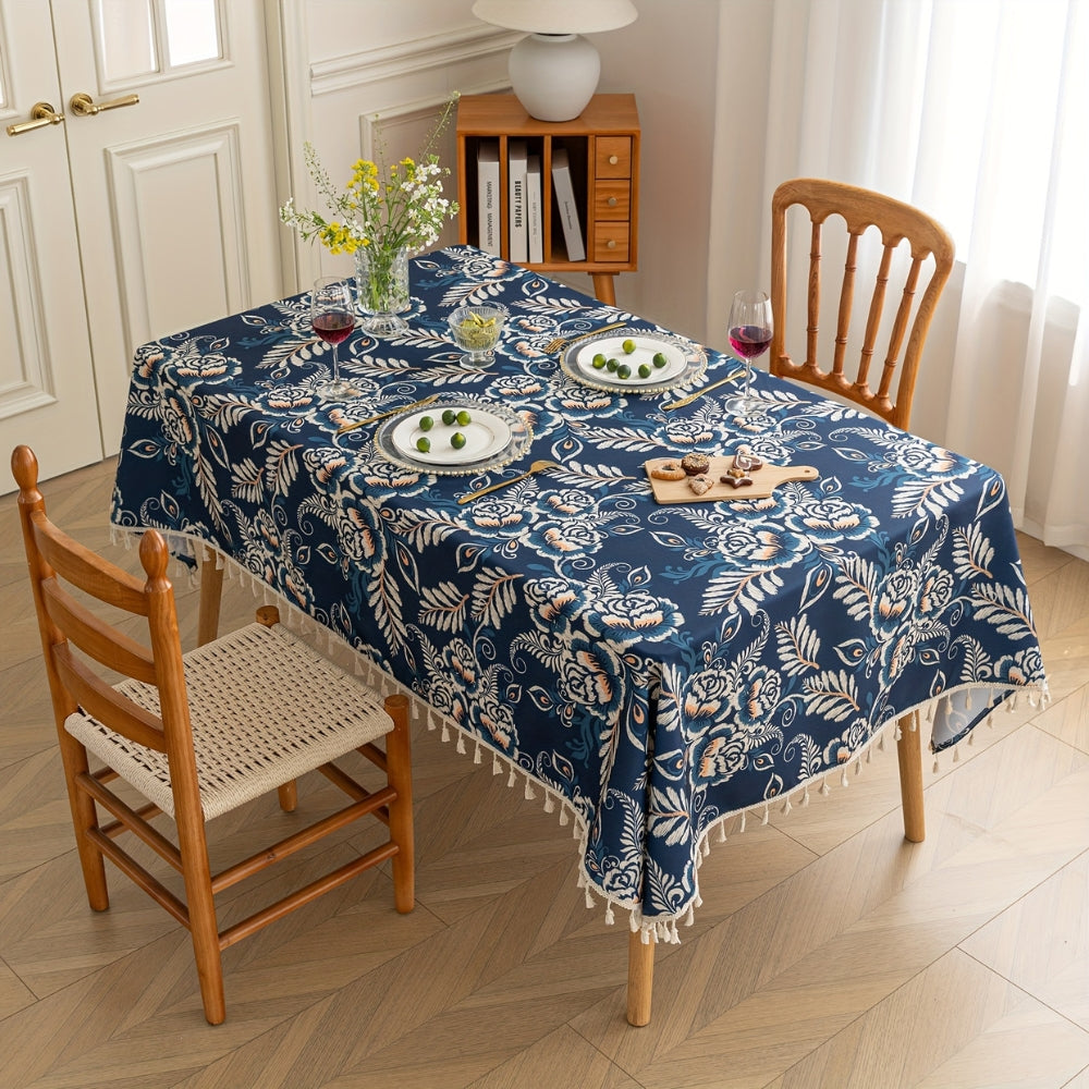 Boho-duk med påfugl, blomster og dusker – Marineblå Bloom
