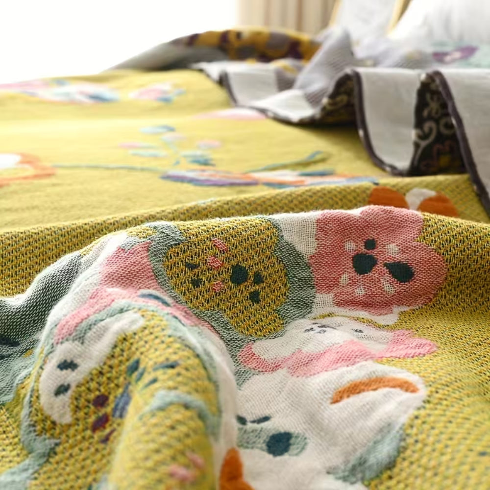 Boho-pledd med hagefugler og blomster | 100 % bomull
